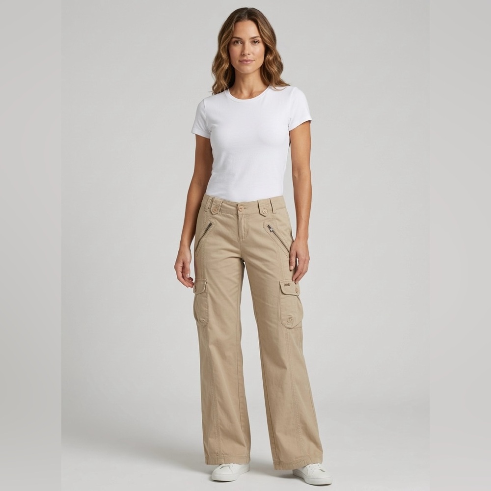VTG DKNY Jeans Cargo Pants 6P Tan Khaki Y2K Utility Wide Leg Flare Low Rise W